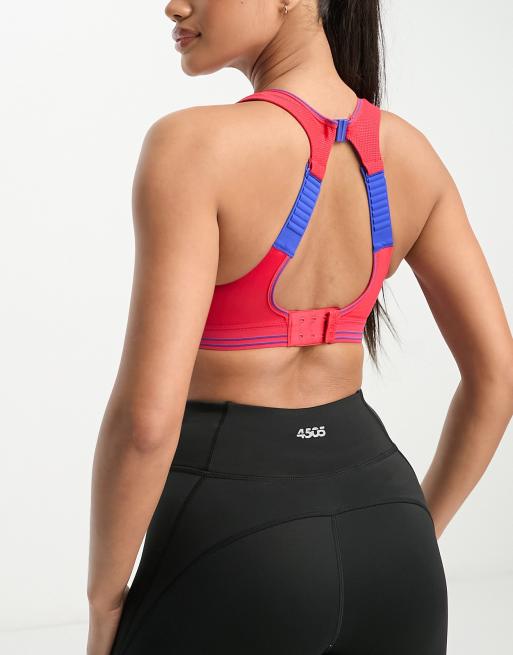 Shock Absorber Ultimate run sports bra in pink with yellow detail