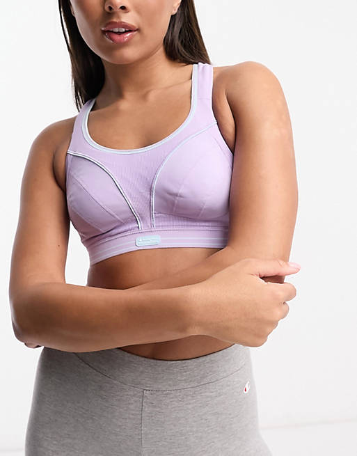 Shock Absorber Ultimate run sports bra in lilac with blue detail