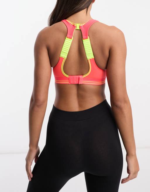 Shock Absorber Ultimate run sports bra in pink with yellow detail