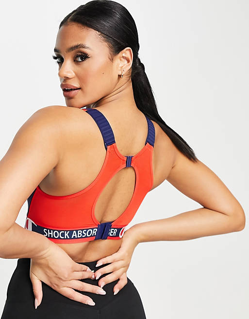  Shock Absorber x Champion padded high support running bra in navy and red 