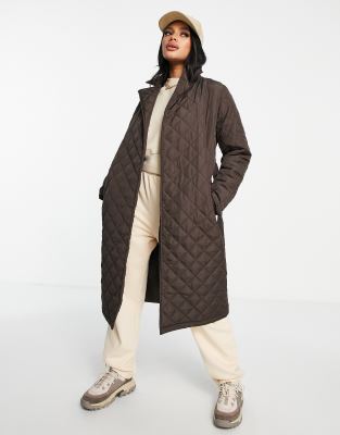 Шоколадно-коричневый стеганый тренч с поясом Threadbare Olive-Коричневый цвет