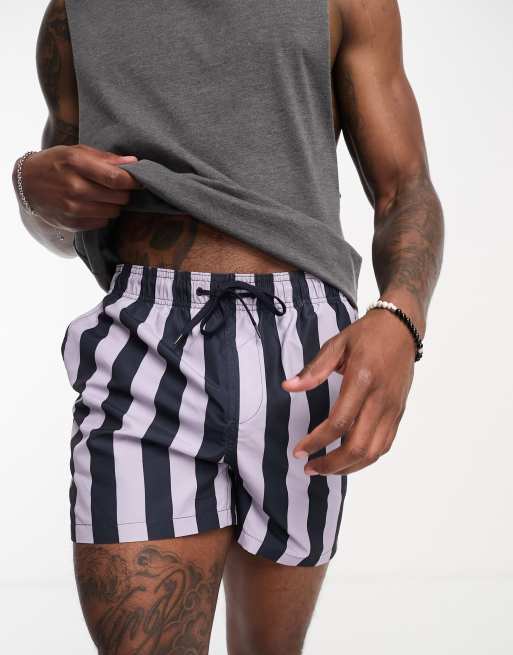 Shorts de baño a rayas azul marino y lilas de Selected Homme, 4 de 4