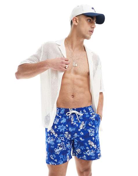 Shorts de baño azul medio con estampado de osos y flores de hibisco Traveler de Polo Ralph Lauren - view 1