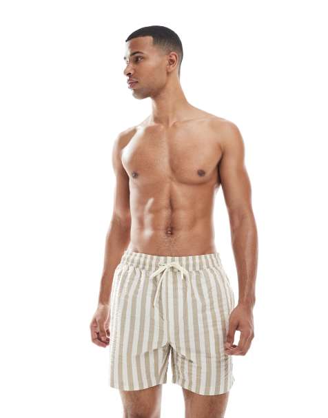 Shorts de baño blancos y color piedra a rayas de Threadbare - view 1