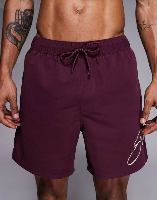 Shorts de baño burdeos de largo medio con detalle bordado de ASOS DESIGN, 4 de 5
