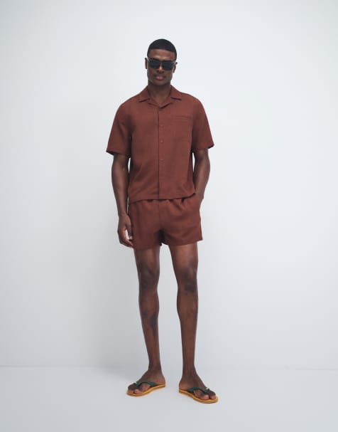 Shorts de baño cortos marrones de tejido efecto lino de ASOS DESIGN (parte de un conjunto) - view 1