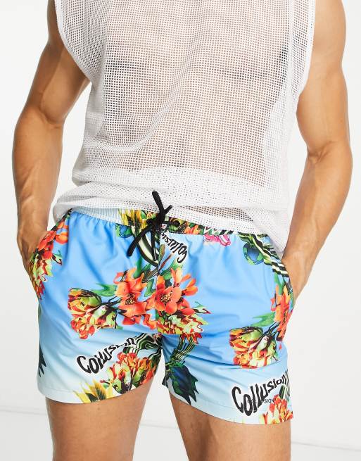 Shorts de baño cortos multicolores con estampado tropical de COLLUSION