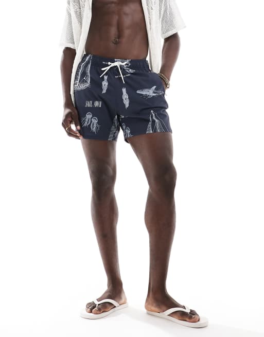 Shorts de bano de 5 azul marino con estampado maritimo de Hollister ASOS