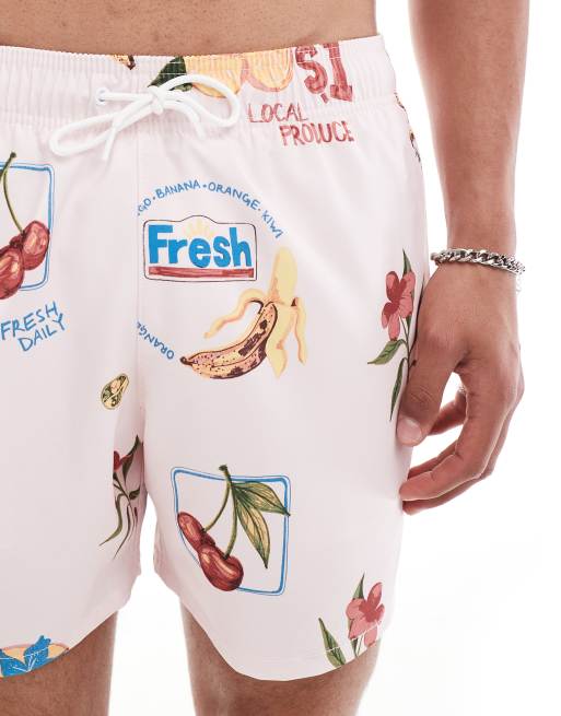 Shorts de bano de 5 rosa claro con estampado de frutas tropicales de Hollister ASOS