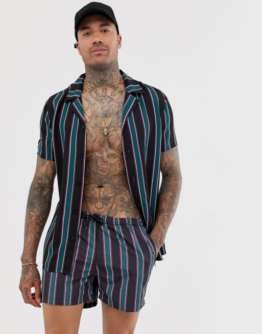 Conjunto de camisa con cuello de solapa y shorts de baño de rayas azules de Mauvais, 3 de 3