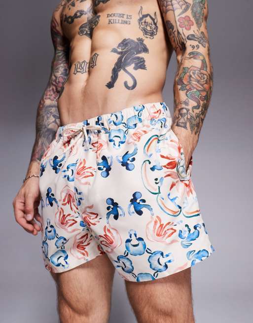 Shorts de baño muy cortos color piedra con estampado de mosaico efecto acuarela de ASOS DESIGN