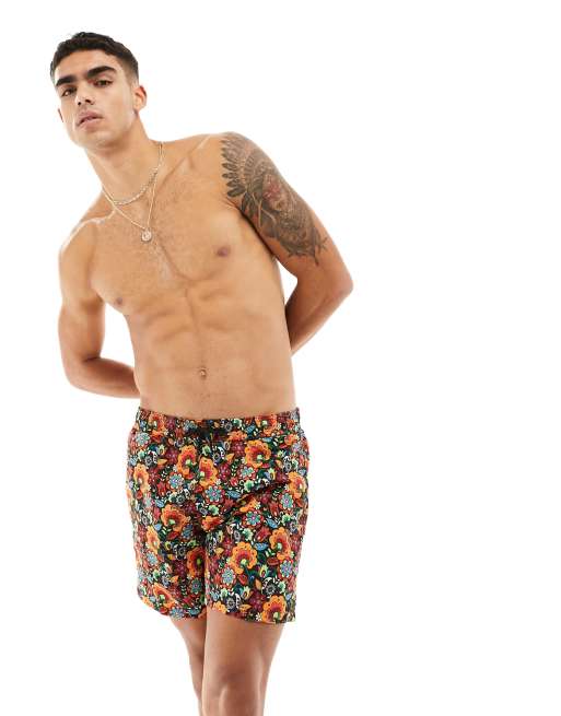 Shorts de baño naranjas con estampado floral integral Avalon de Pretty Green