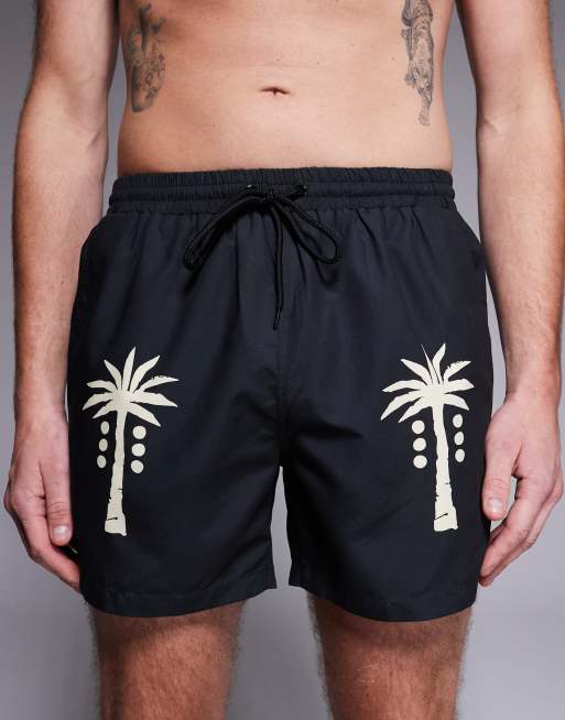 Shorts de baño negro descolorido con estampado de palmeras de South Beach, 4 de 5