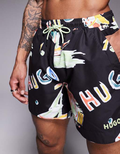 Shorts de baño negros con estampado de hojas y logo Calala de HUGO Red (parte de un conjunto), 2 de 4