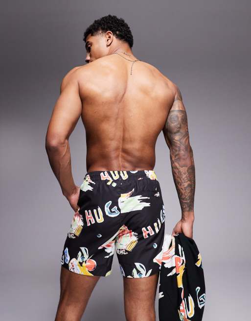 Shorts de baño negros con estampado de hojas y logo Calala de HUGO Red (parte de un conjunto), 3 de 4