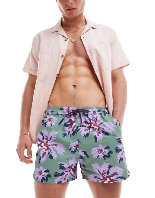 Shorts de baño verdes con estampado floral morado de Paul Smith