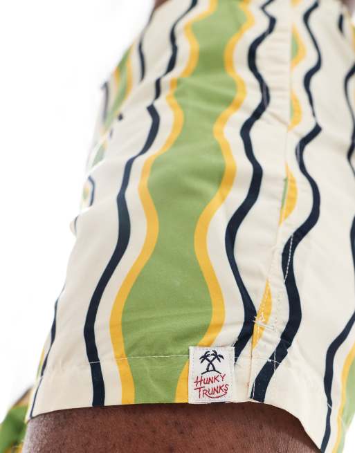 Shorts de baño verdes y blancos con estampado a rayas onduladas de Hunky Trunks (parte de un conjunto), 2 de 5