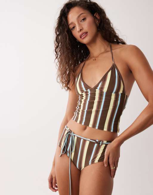 Shorts de bikini a rayas marrones y azules con lazada en la cintura Avi de Motel, 2 de 4