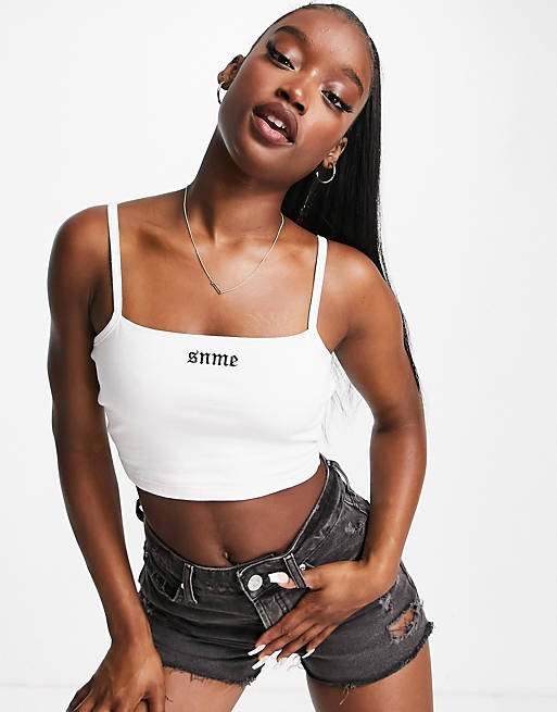 Sian Marie strappy crop top with logo in white