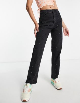 Signature 8 all over embellished straight leg jean in wash black - ASOS Price Checker