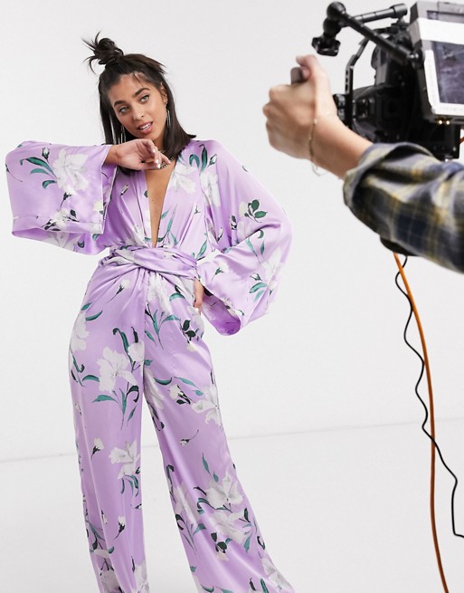 Signature 8 balloon sleeve tie front floral print jumpsuit in purple