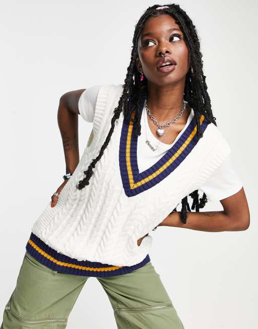 Signature 8 - Canotta oversize in maglia a trecce stile college color crema