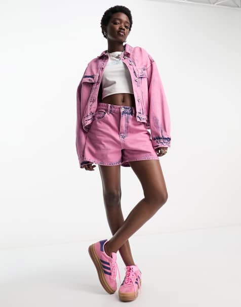 Signature 8 co-ord acid wash denim short in pink  - view 1