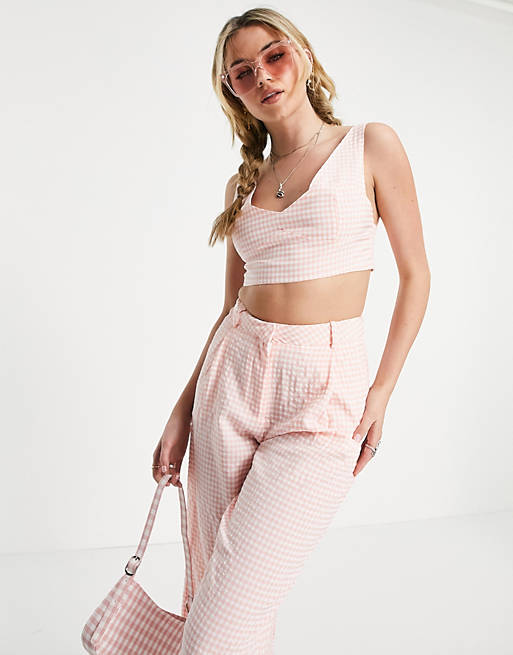 Signature 8 co-ord gingham cropped top in pink