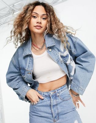Signature 8 co-ord heart print denim jacket in mid wash - ASOS Price Checker