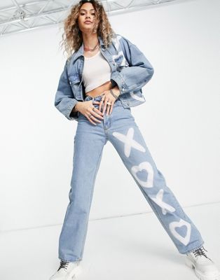 Signature 8 high waisted straight leg jeans with heart print in mid wash (part of a set) - ASOS Price Checker