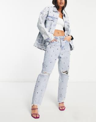 Signature 8 co-ord ripped embellished mom jean in light wash-Blue, £29.00