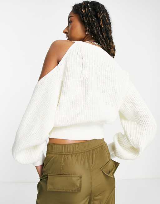 Signature 8 cold shoulder knitted jumper in cream ASOS