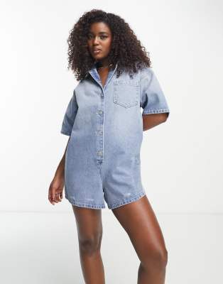 Signature 8 - Combishort en jean avec haut chemise à délavage moyen | ASOS