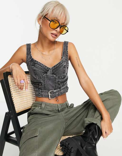 Signature 8 - Corset à encore coeur en denim délavé 