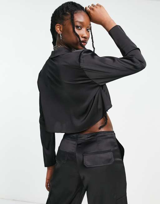 Signature 8 - Crop top blazer en tissu satiné - Noir , 2 de 4