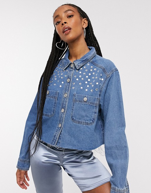 Signature 8 denim shirt with stud detail in mid wash