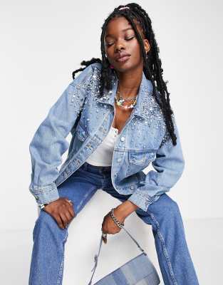 Signature 8 embellished oversized denim jacket in mid wash  - ASOS Price Checker