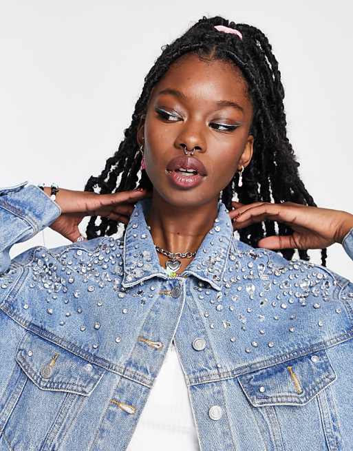 Signature 8 embellished oversized denim jacket in mid wash Signature 8 embellished oversized denim jacket in mid wash