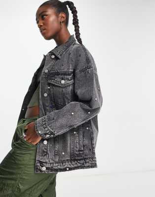 Signature 8 embellished oversized denim jacket in washed black - part of a set-Blue