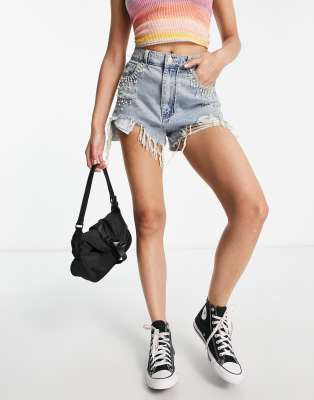 Signature 8 embellished rib and destroy high wasted denim short in light wash