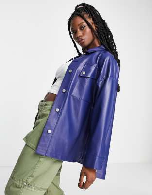 Signature 8 faux leather oversized shirt in navy - ASOS Price Checker
