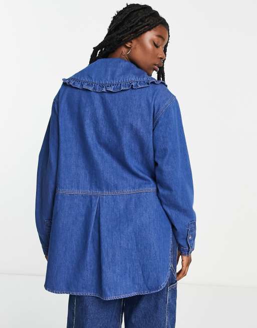 Signature 8 frill oversized collar denim shirt in mid wash | ASOS