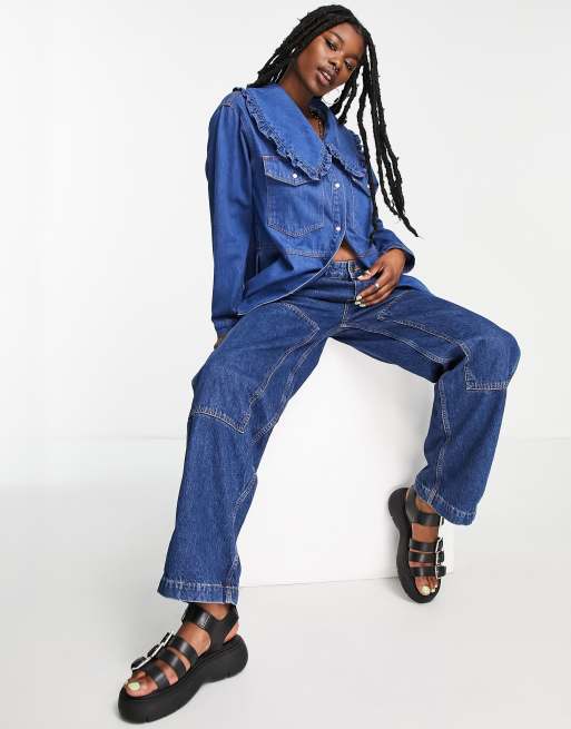Signature 8 frill oversized collar denim shirt in mid wash | ASOS