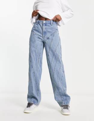 Signature 8 front seam wide leg jean in mid wash-Blue