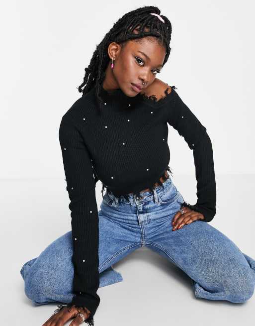 ASOS Design Super Crop Cable Sweater with High Neck and Large Sequins in Black