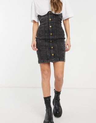 high rise black denim skirt