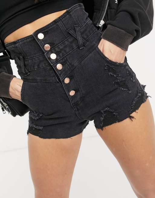 high waisted black button shorts