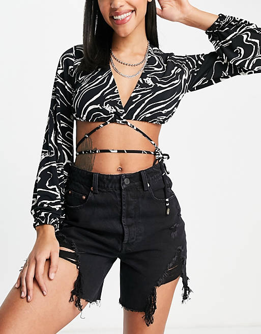 Signature 8 high-waisted ripped hem shorts in washed black 