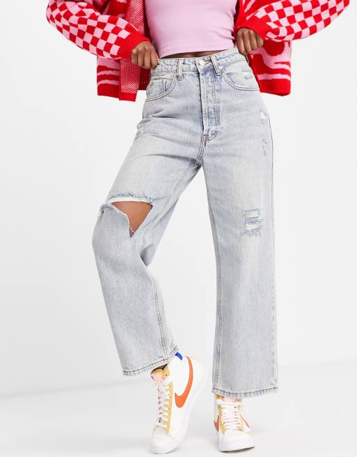 Signature 8 - Jeans a vita alta e fondo ampio con strappi sulle ginocchia grigio chiaro