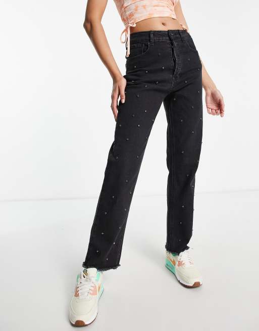 Signature 8 - Jeans med lige ben i sort vask med udsmykning over det hele